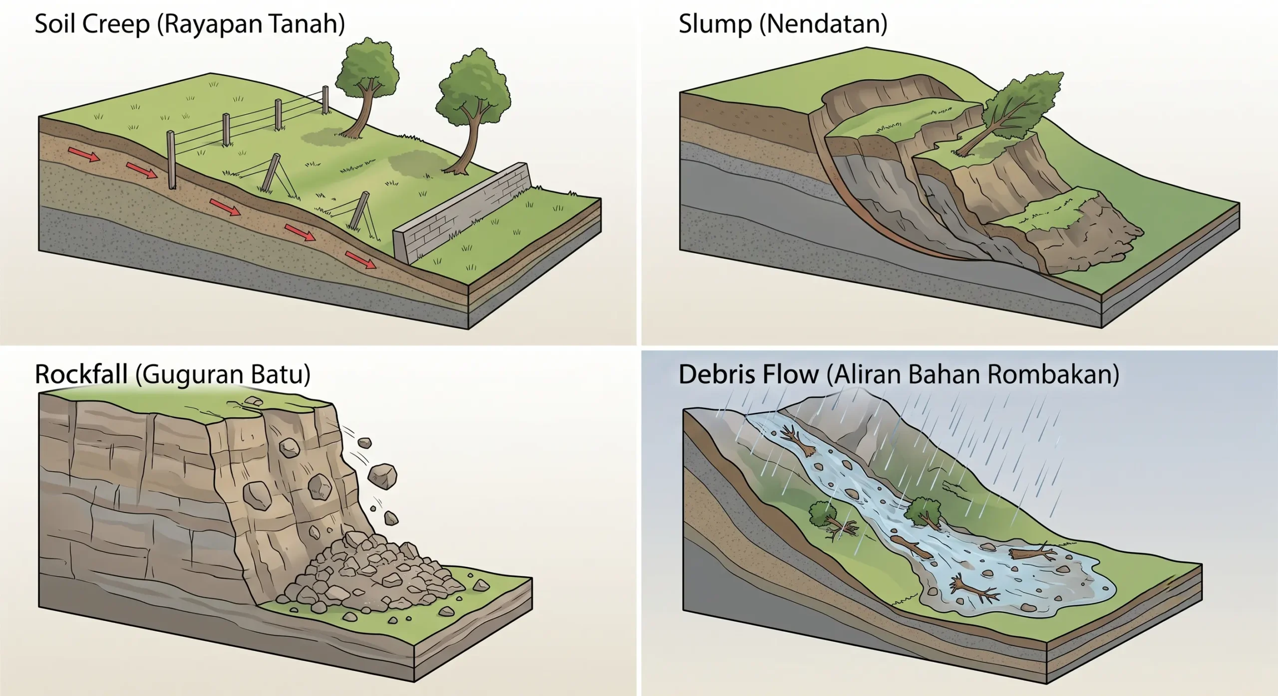 Ilustrasi Jenis Jenis Longsoran Tanah