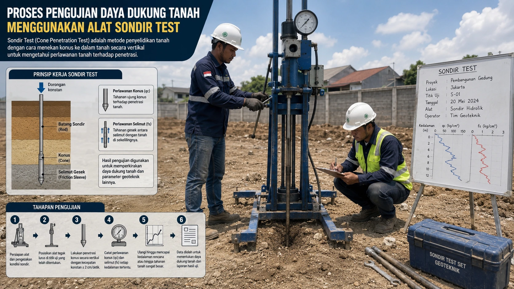 Proses pengujian daya dukung tanah menggunakan alat sondir lapangan