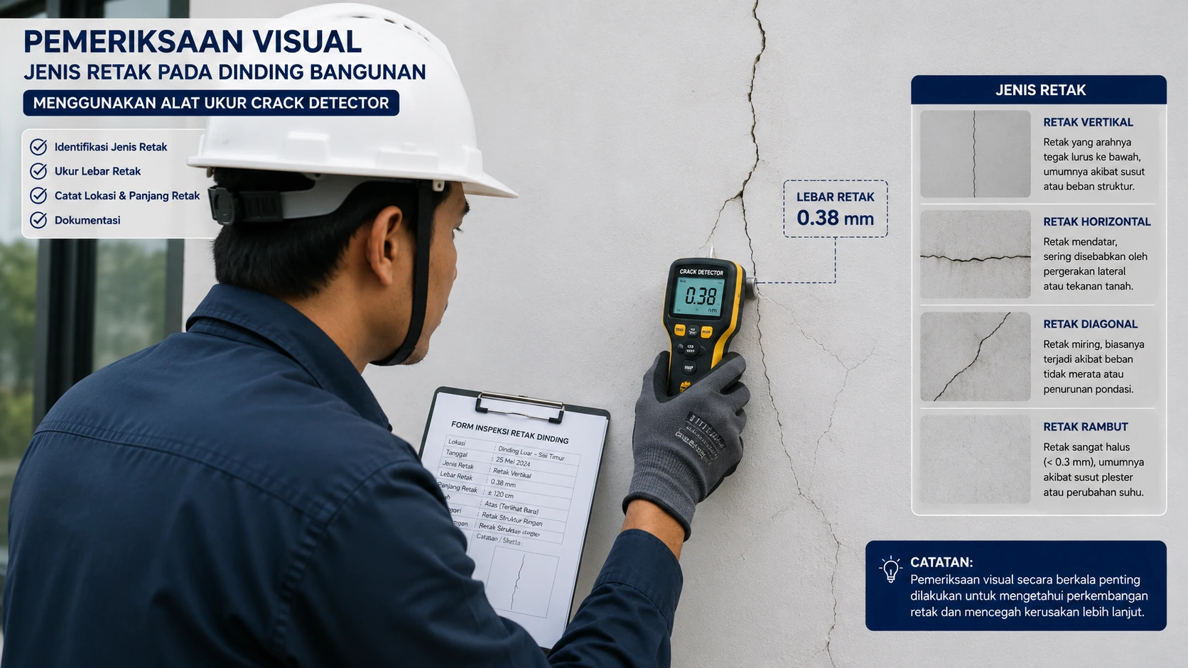Pemeriksaan visual jenis retak pada dinding bangunan menggunakan alat ukur crack detector profesional