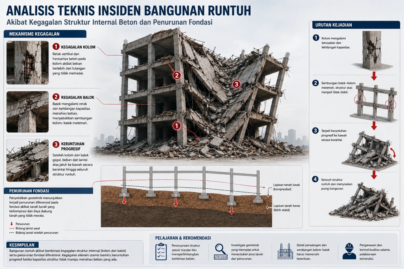 Analisis teknis insiden bangunan runtuh akibat kegagalan struktur internal beton dan penurunan fondasi