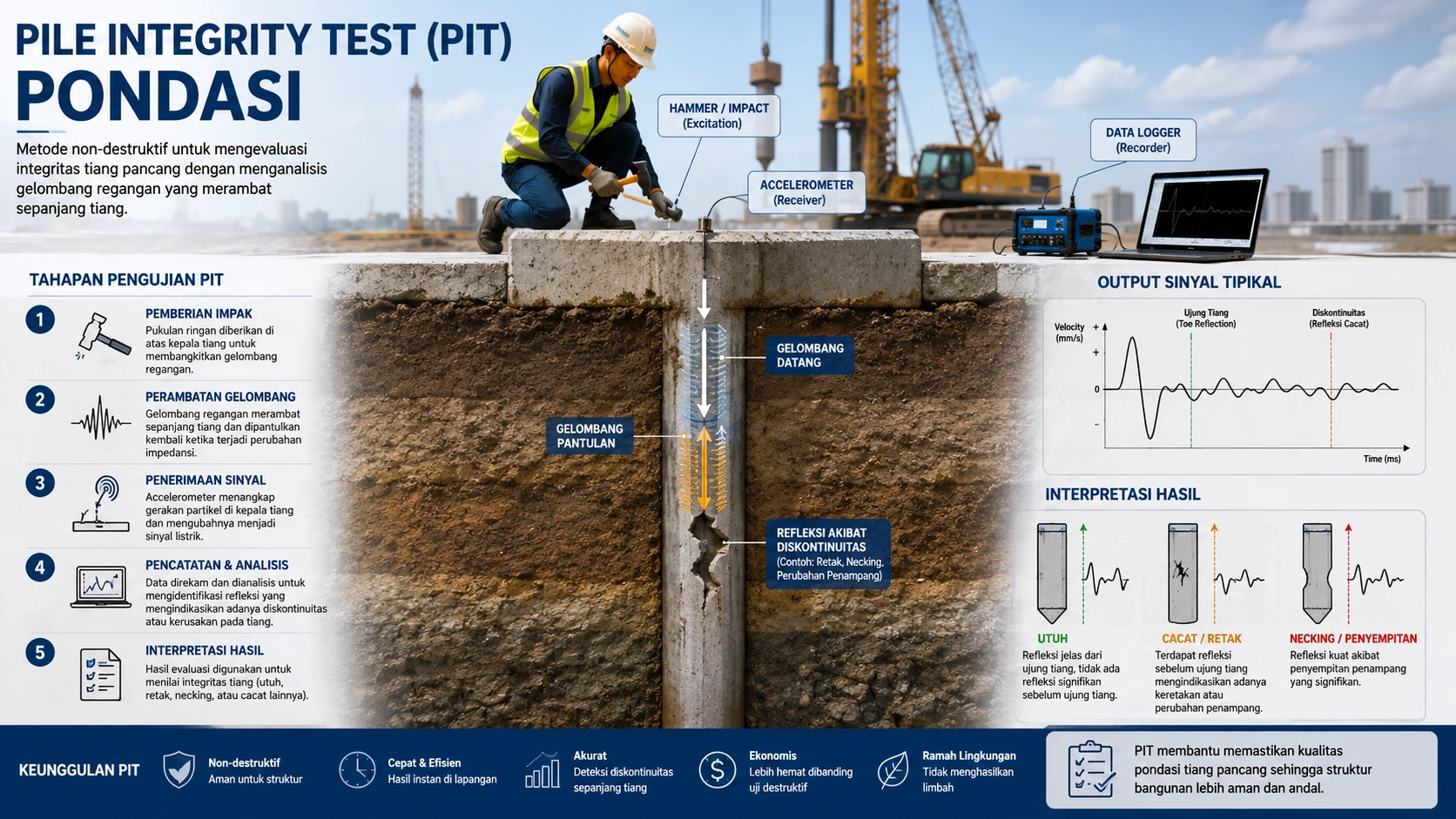 Pelaksanaan pengujian pile integrity test di lapangan