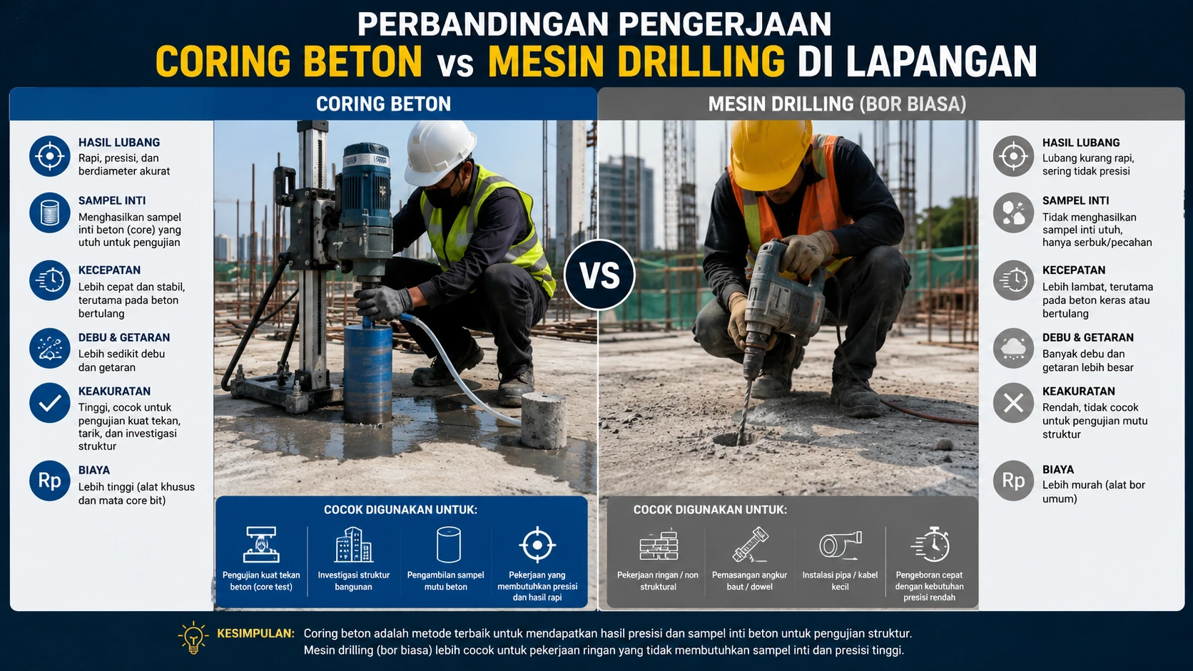 Perbandingan pengerjaan coring beton dan mesin drilling di lapangan