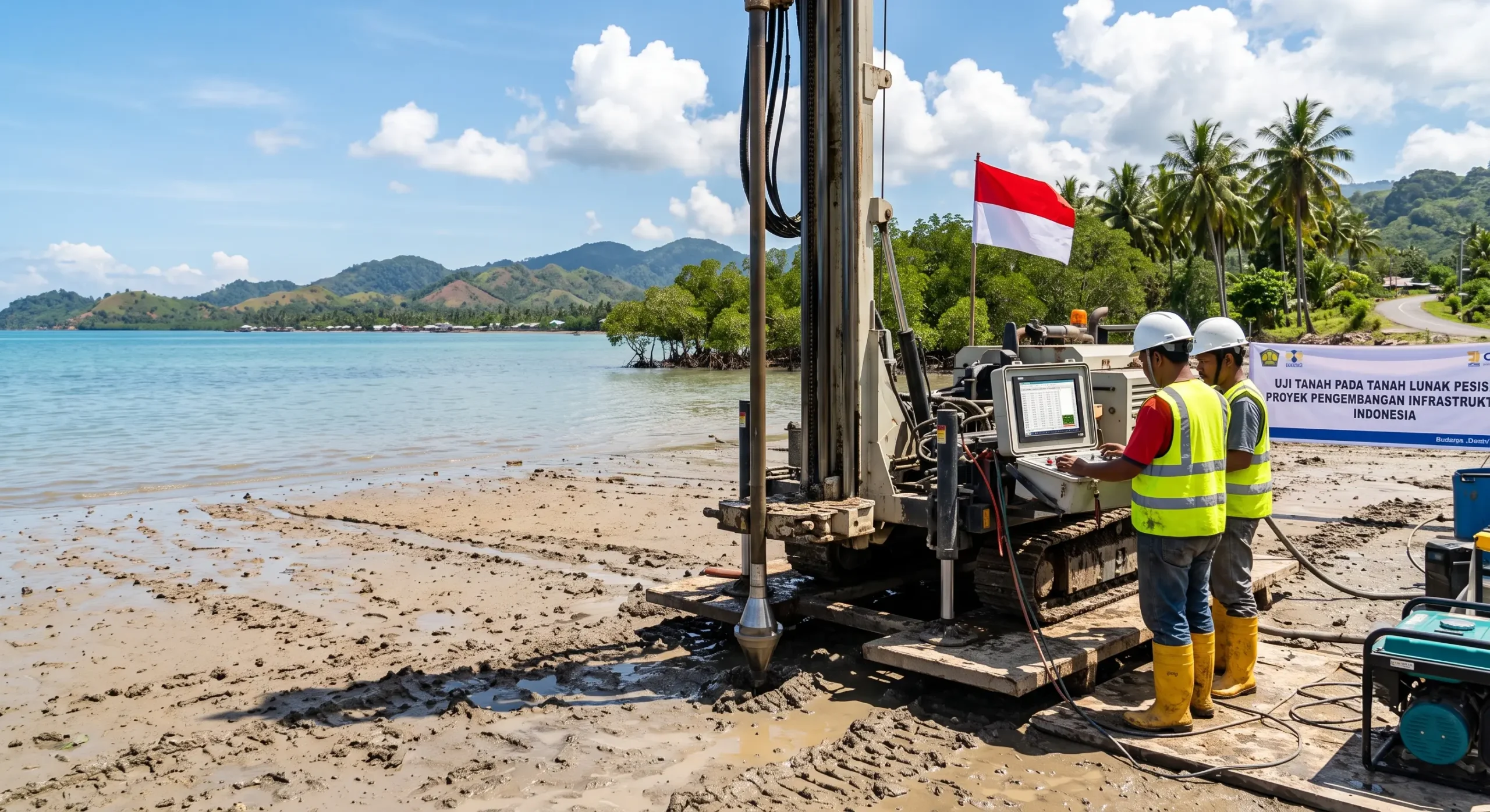 Alat CPTU Piezocone dioperasikan menggunakan rig hidrolik di lokasi proyek tanah lunak pesisir Indonesia.