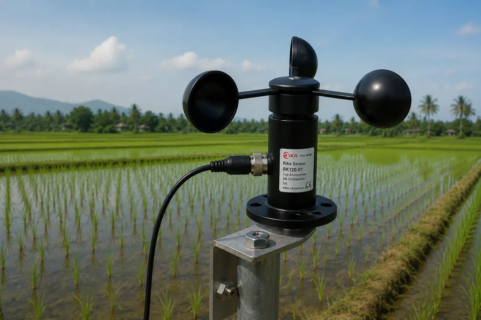 Alat cup anemometer digital untuk mengukur kecepatan angin di lahan pertanian.