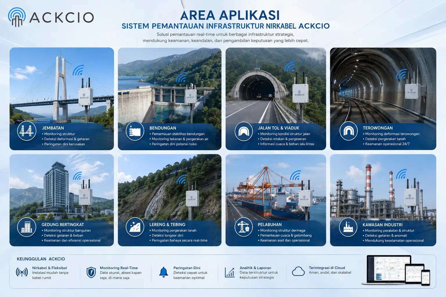 Area aplikasi sistem pemantauan infrastruktur nirkabel ackcio