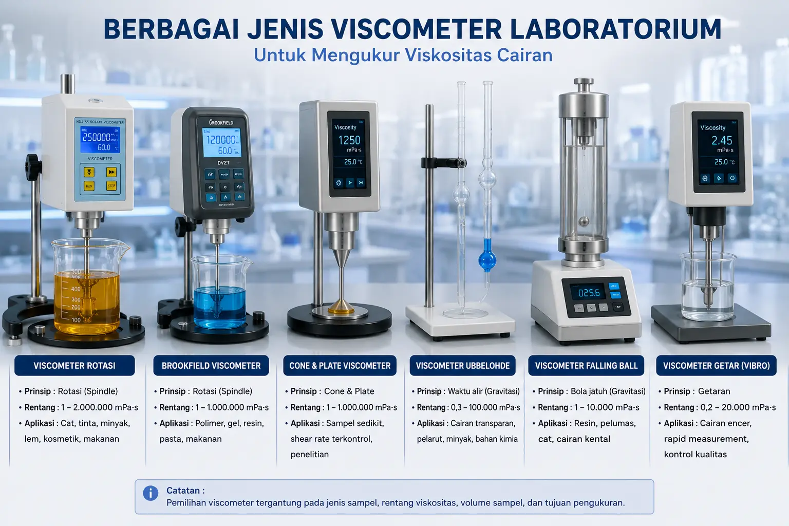 Berbagai jenis viscometer laboratorium untuk mengukur viskositas cairan.