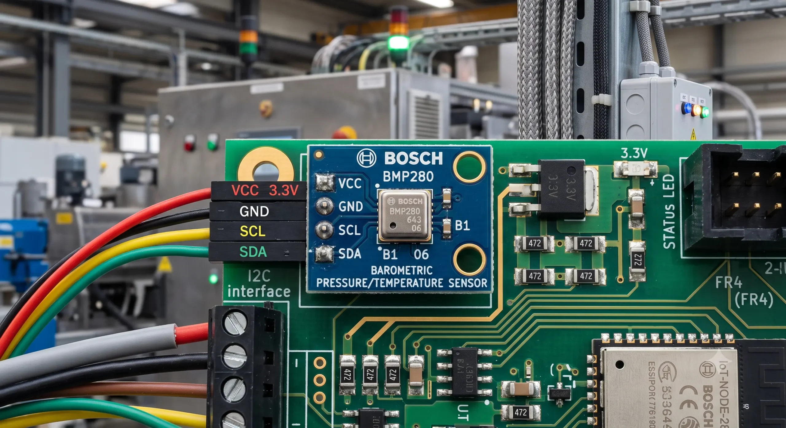 Close-up modul sensor tekanan barometrik digital MEMS BMP280 untuk aplikasi IoT industri.
