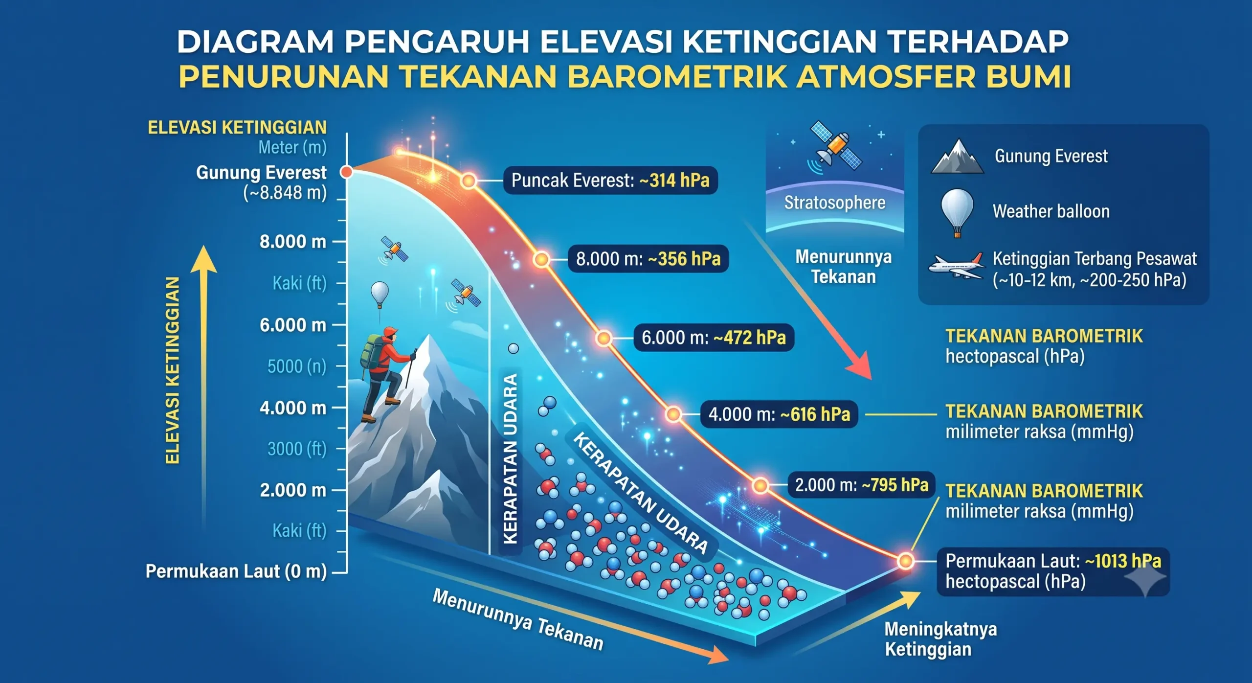Diagram pengaruh elevasi ketinggian terhadap penurunan tekanan barometrik atmosfer bumi.