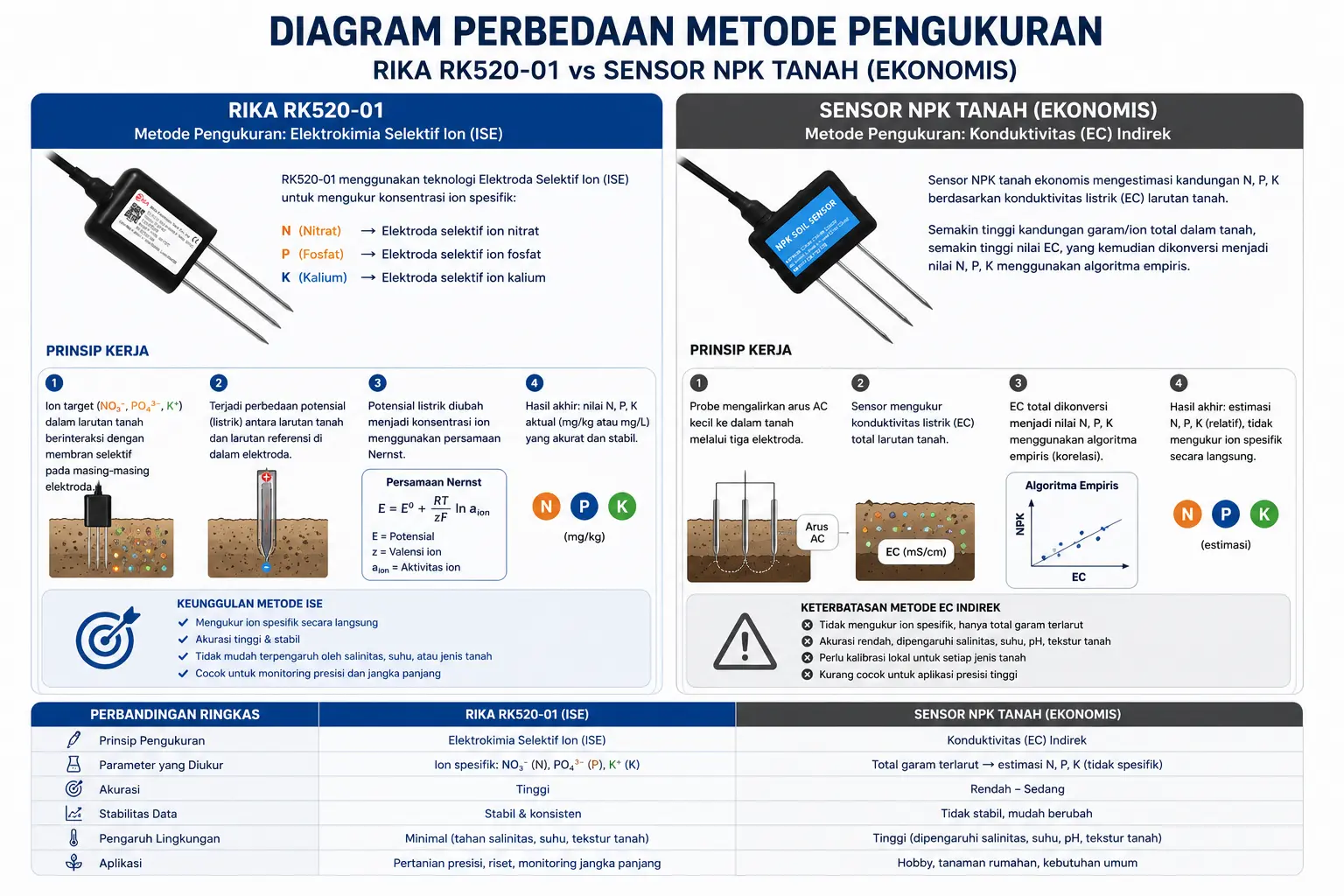 Diagram perbedaan metode pengukuran sensor Rika RK520-01 dan sensor NPK tanah