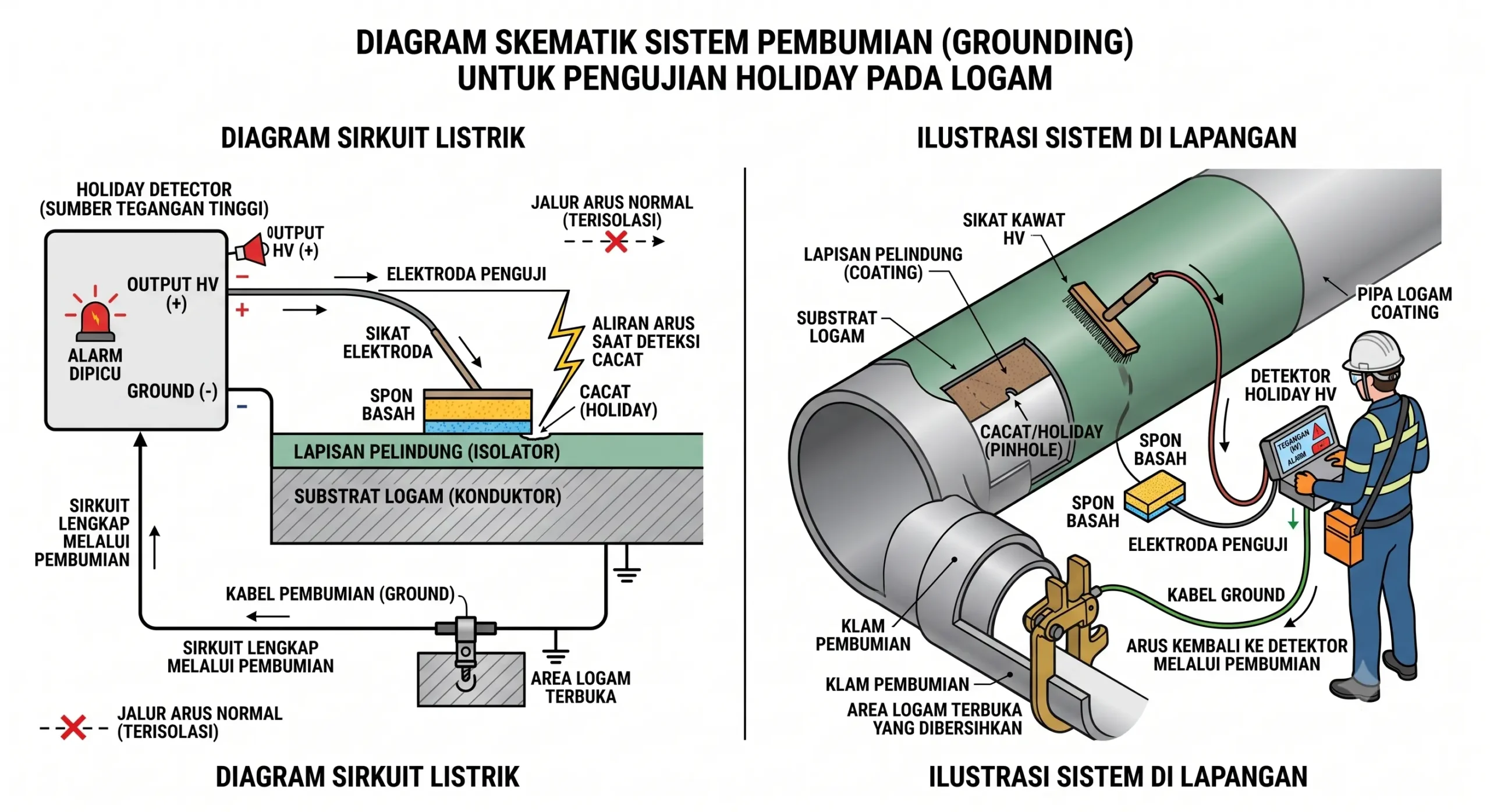 Diagram skematik grounding sistem holiday test logam