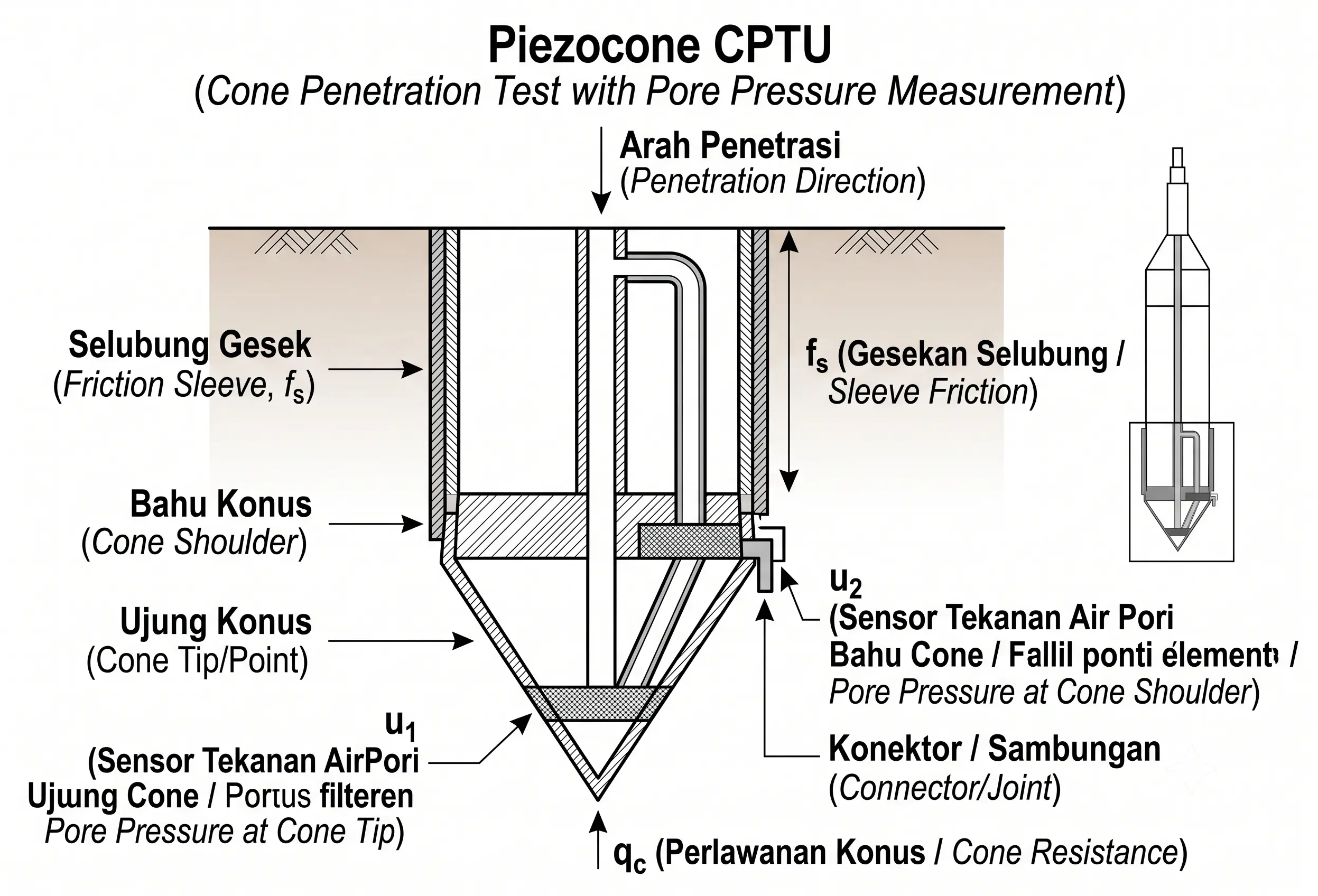 Diagram skematik ujung piezocone CPTU dengan sensor tekanan air pori u1 pada ujung cone dan u2 pada bahu cone.