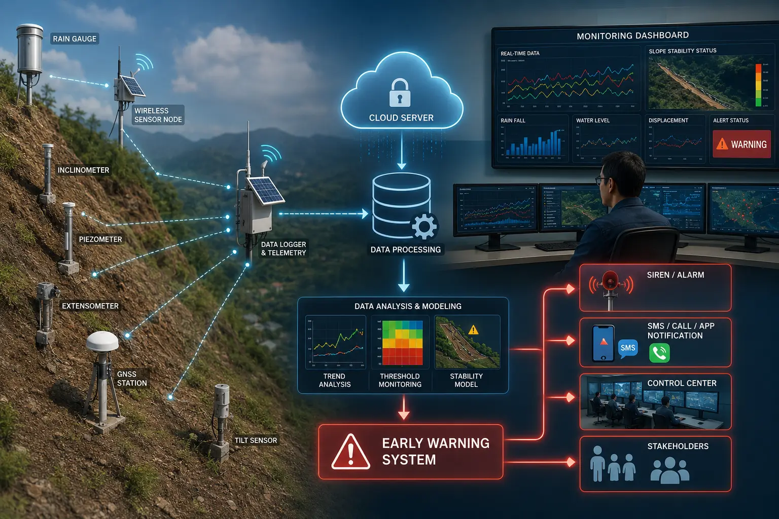 Skema Early Warning System dengan instrumentasi geoteknik pada stabilitas lereng
