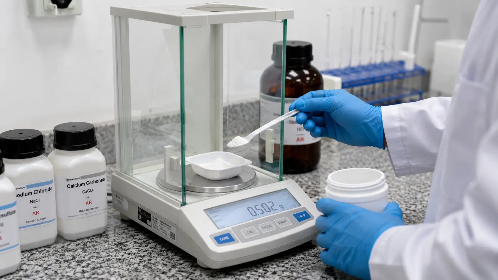 Proses penimbangan sampel kimia menggunakan timbangan digital laboratorium analitik di dalam ruang riset farmasi