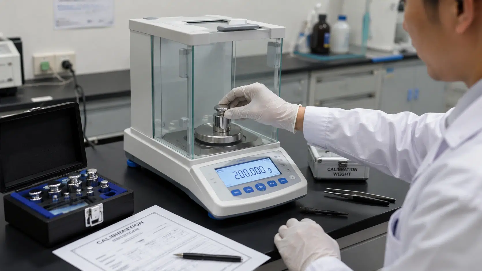 Layanan kalibrasi timbangan digital laboratorium presisi tinggi oleh teknisi PT Global Intan Teknindo