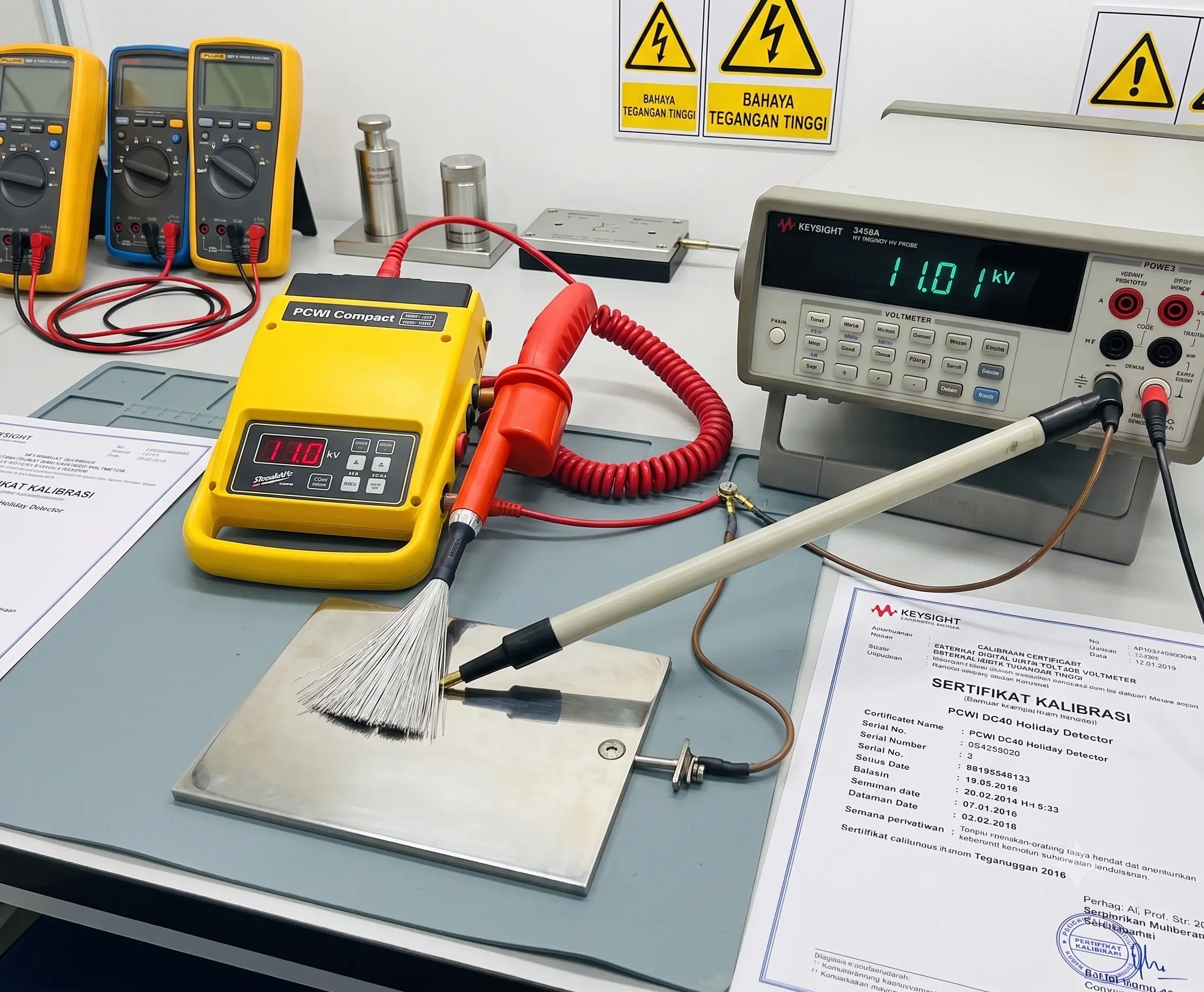 Kalibrasi alat ukur High Voltage Holiday Detector menggunakan voltmeter digital eksternal