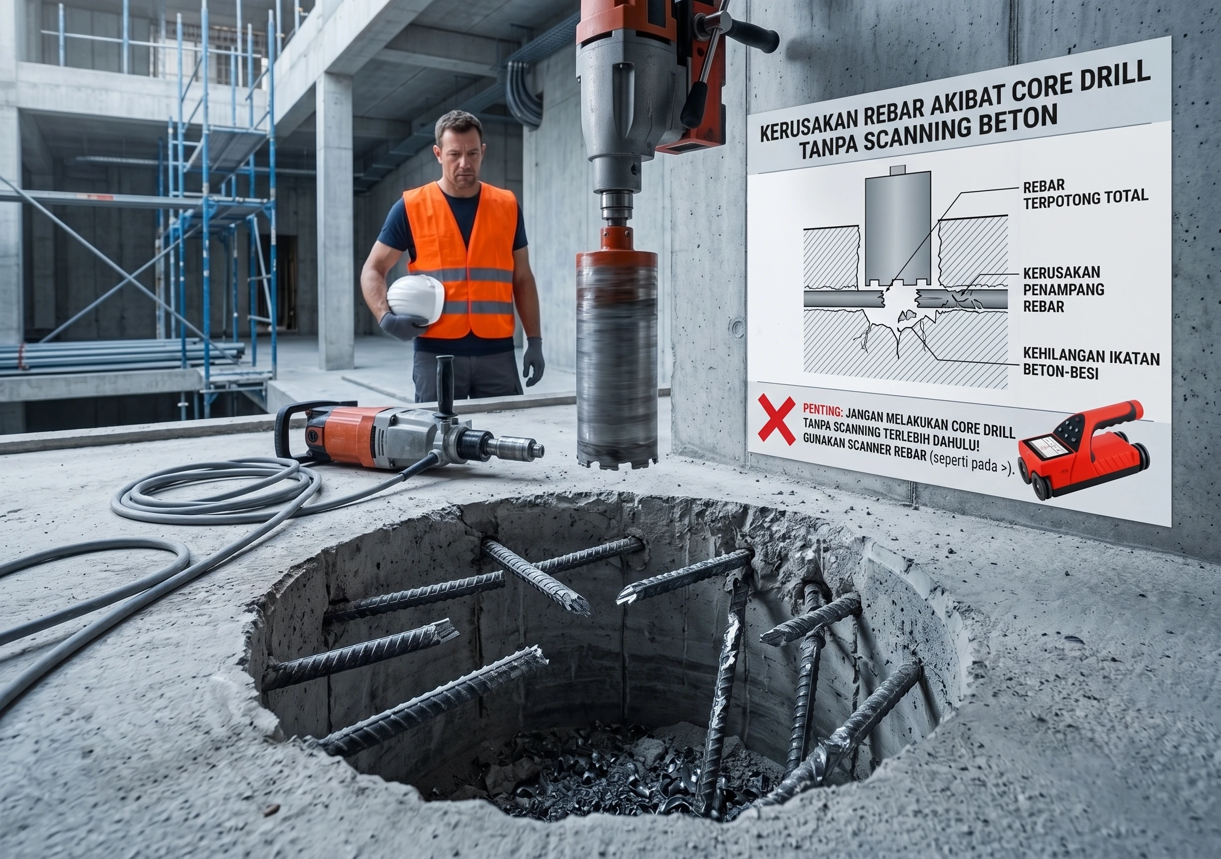 Kerusakan besi tulangan akibat proses core drill tanpa scanning beton