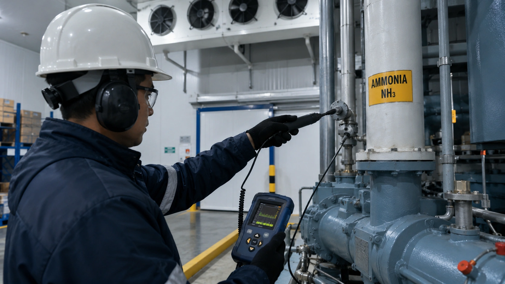 Teknisi menggunakan alat ultrasonic leak detector portable untuk mendeteksi kebocoran gas amonia di fasilitas cold storage
