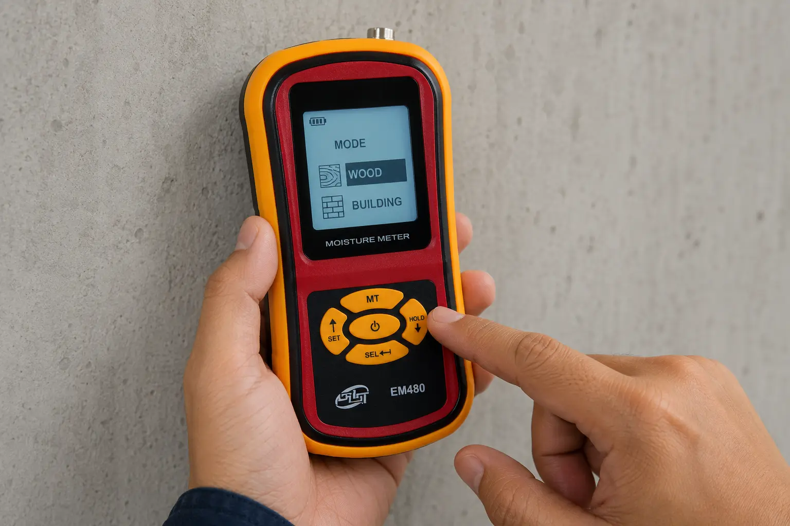 Memilih mode kayu atau bangunan pada layar moisture meter