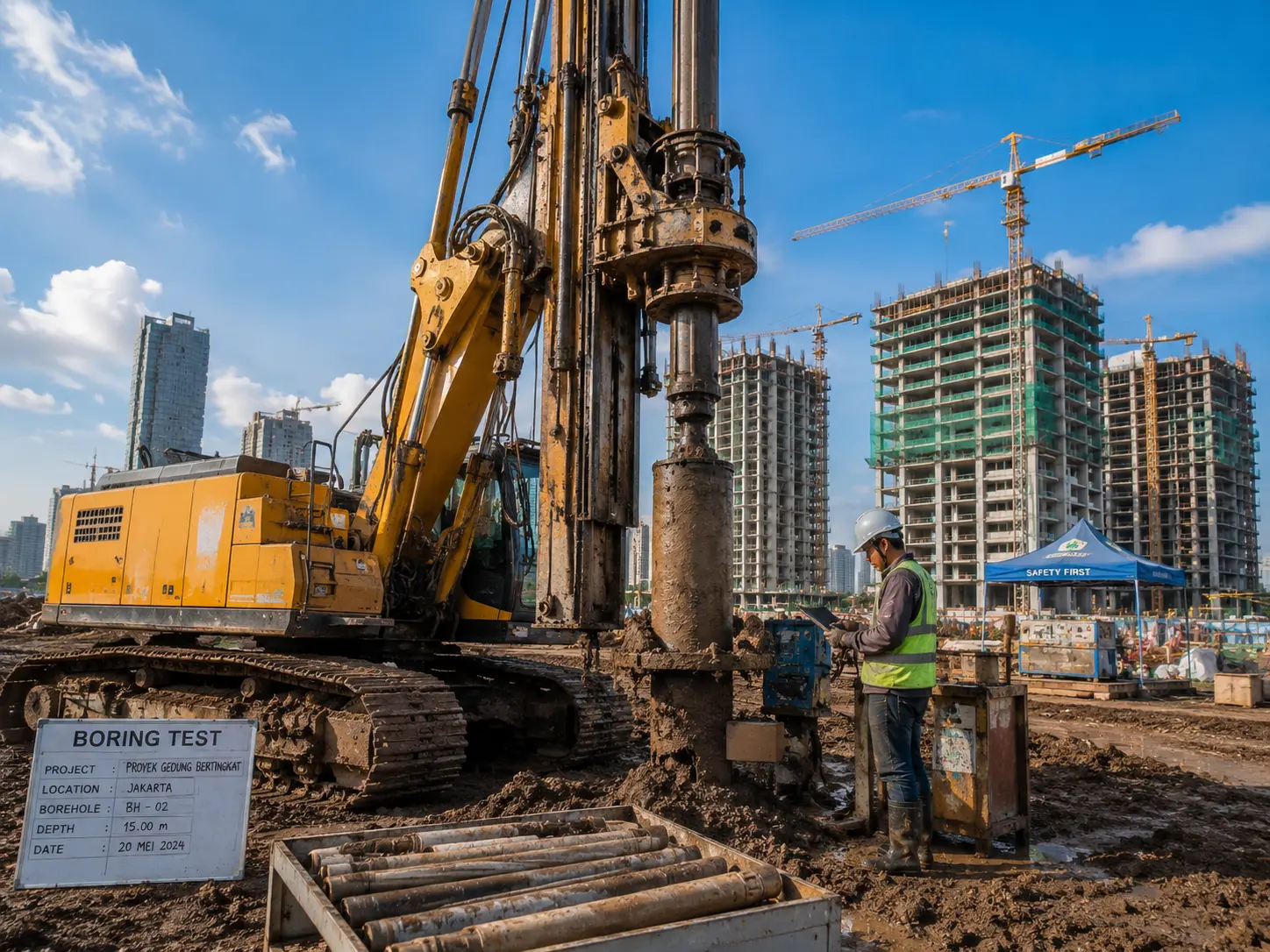Mesin bor geoteknik rotary drilling rig sedang melakukan boring test untuk penyelidikan tanah bangunan bertingkat.