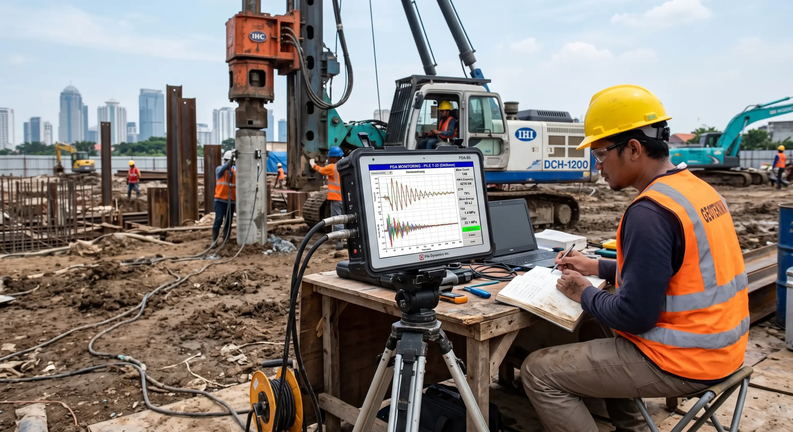 Pemantauan layar monitor Pile Driving Analyzer saat proses pengujian dinamis tiang pancang di lokasi.