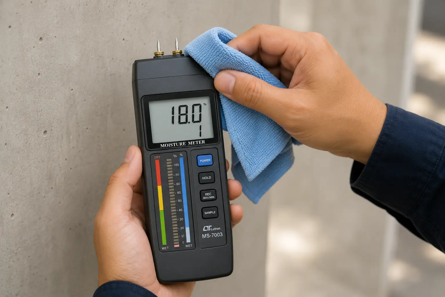 Pembersihan sensor moisture meter dengan kain mikrofiber