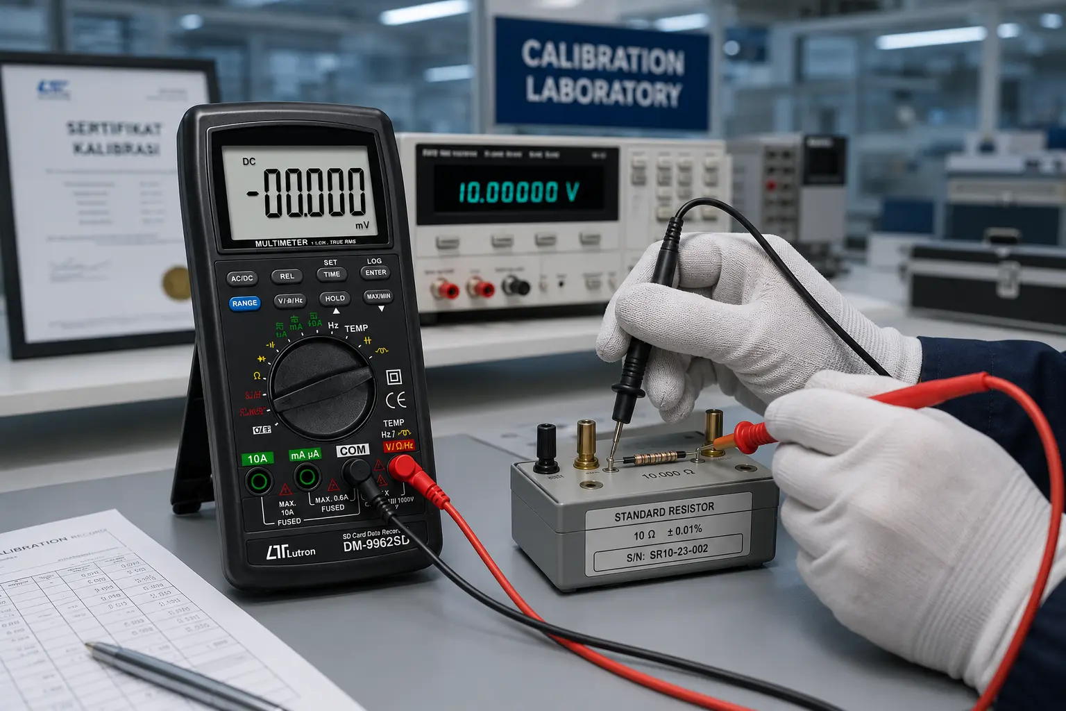 Penggunaan multimeter presisi di laboratorium kalibrasi.