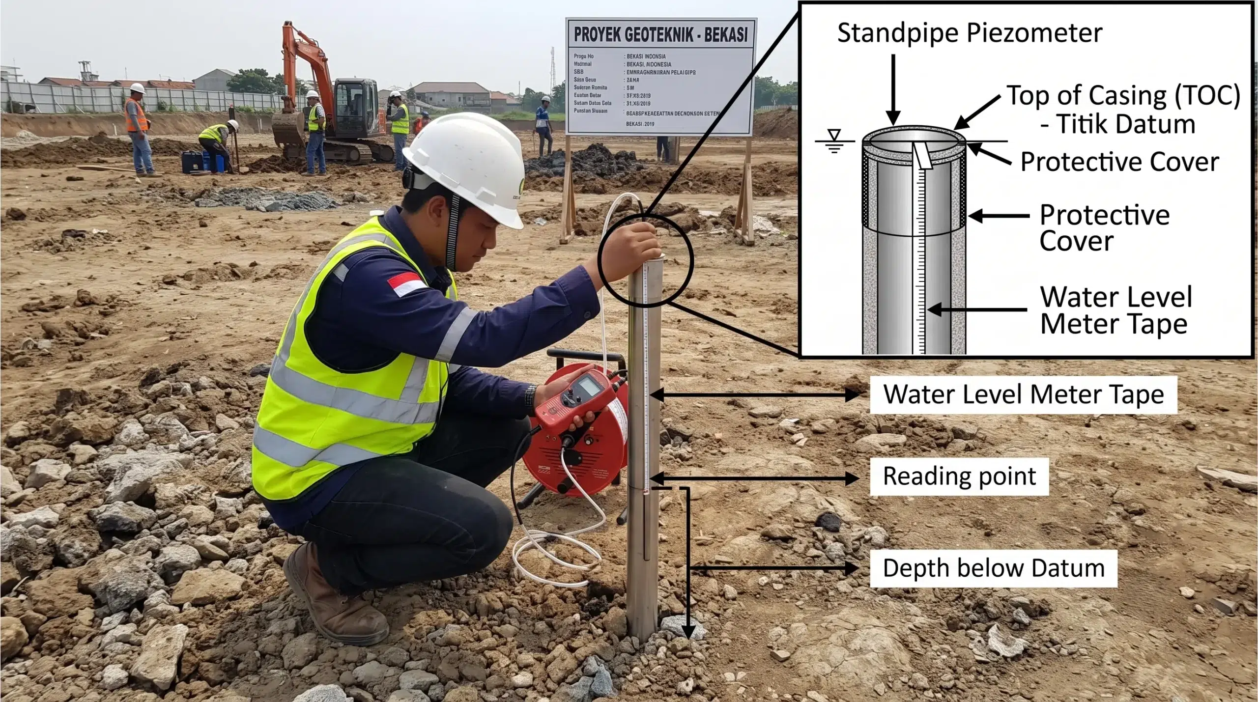 Pengukuran titik datum Top of Casing pada standpipe piezometer.