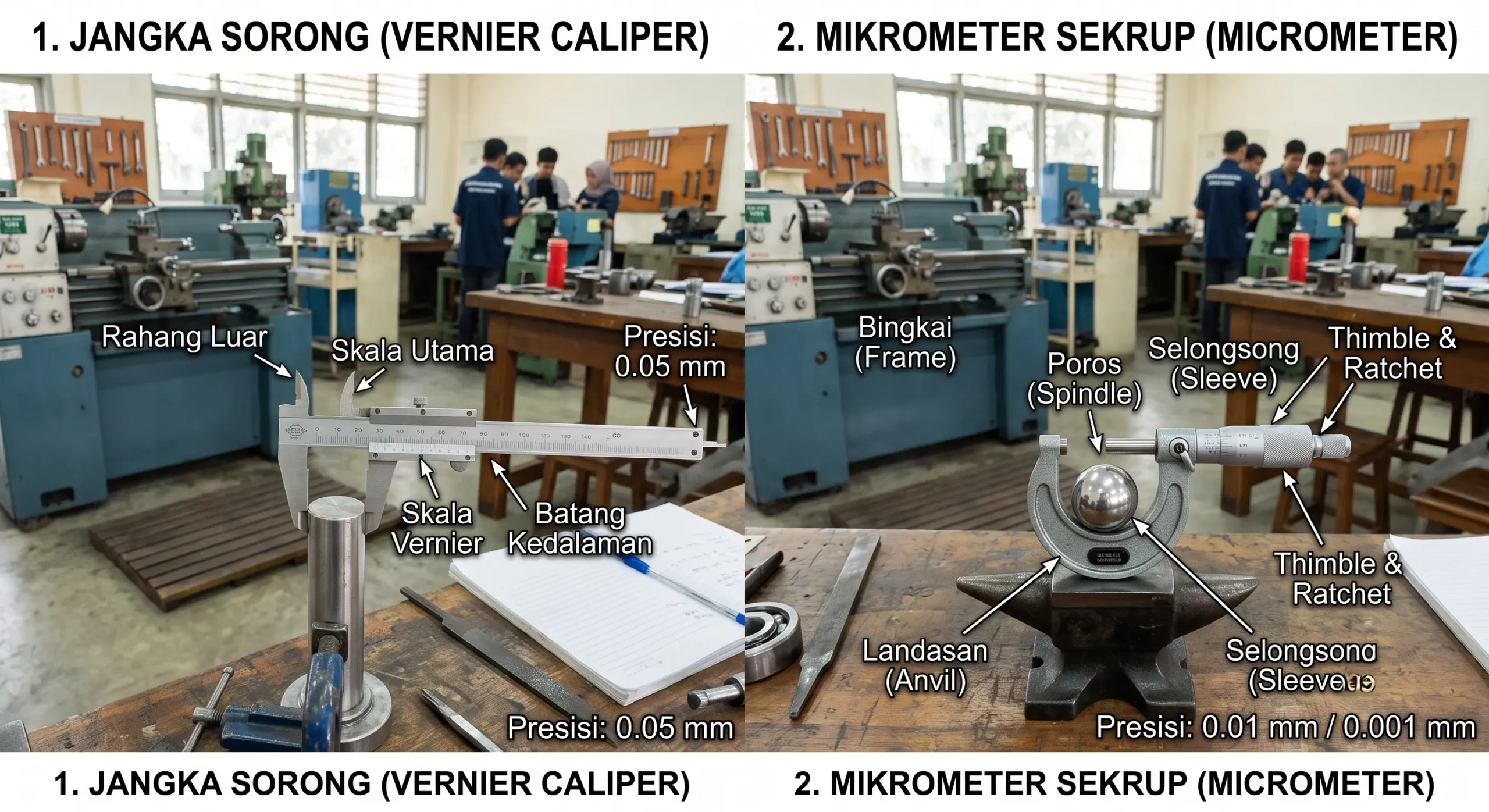 Perbandingan fisik antara jangka sorong dan mikrometer sekrup saat digunakan di laboratorium teknik