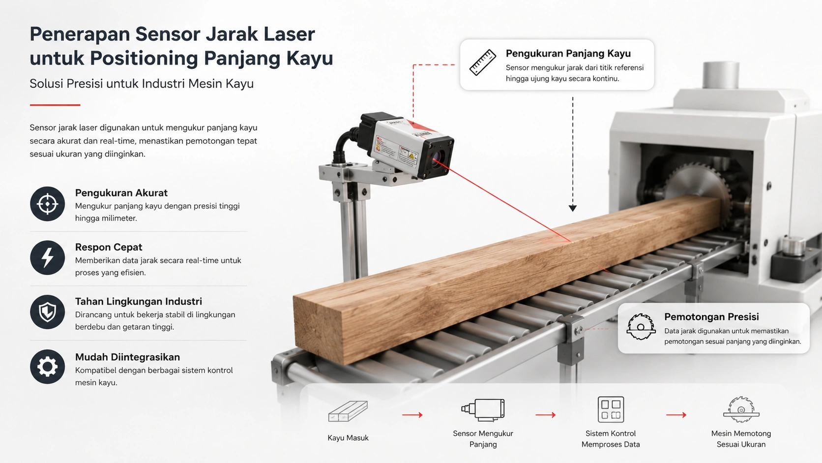 Penerapan sensor jarak laser Dimetix untuk positioning panjang kayu di industri mesin kayu