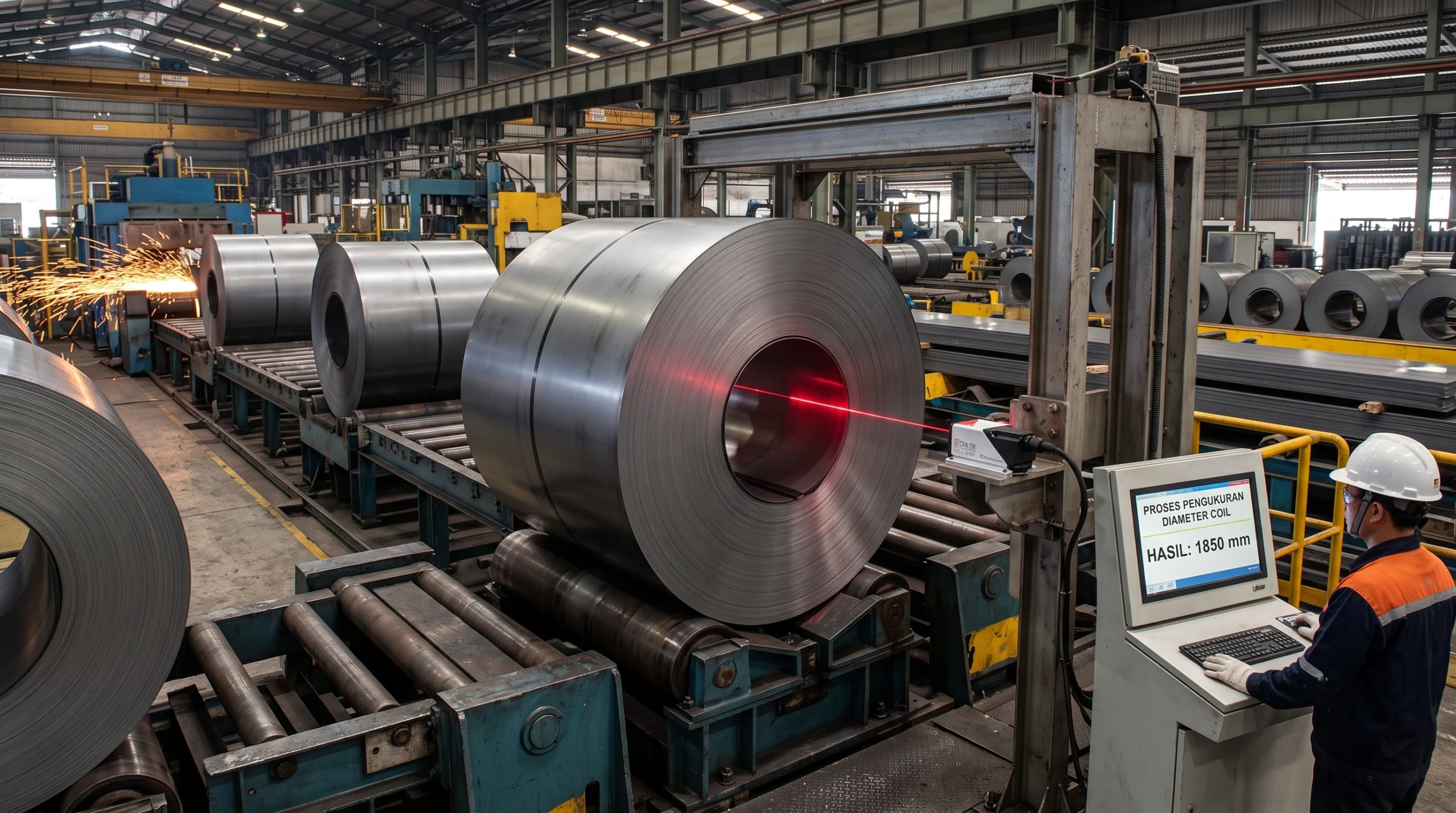 Proses pengukuran diameter coil baja di pabrik
