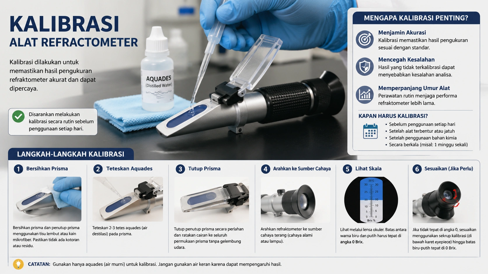 Teknisi laboratorium melakukan kalibrasi refraktometer brix handheld menggunakan air distilasi sebelum pengujian sampel