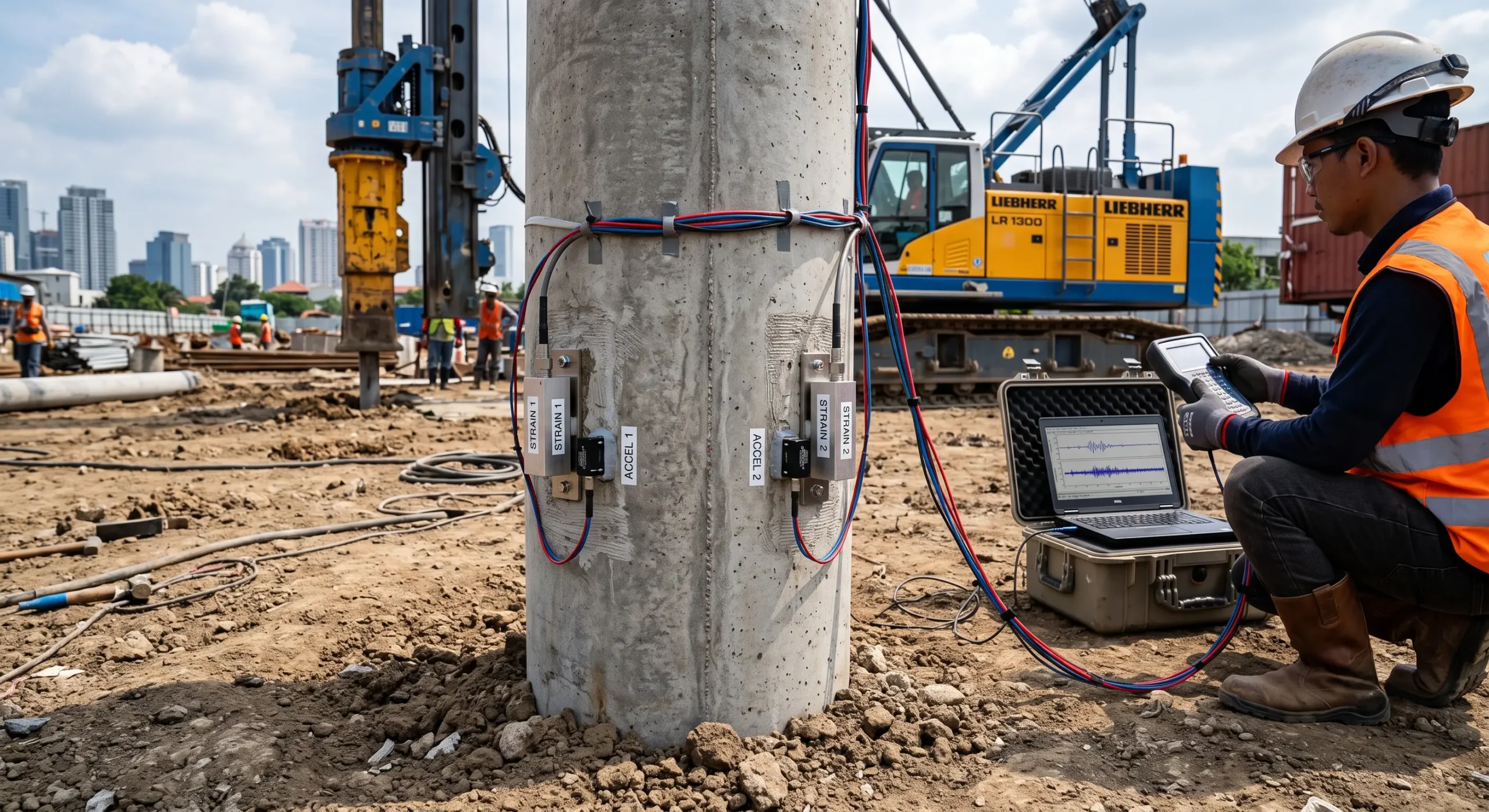 Sensor PDA test terpasang pada tiang pancang beton
