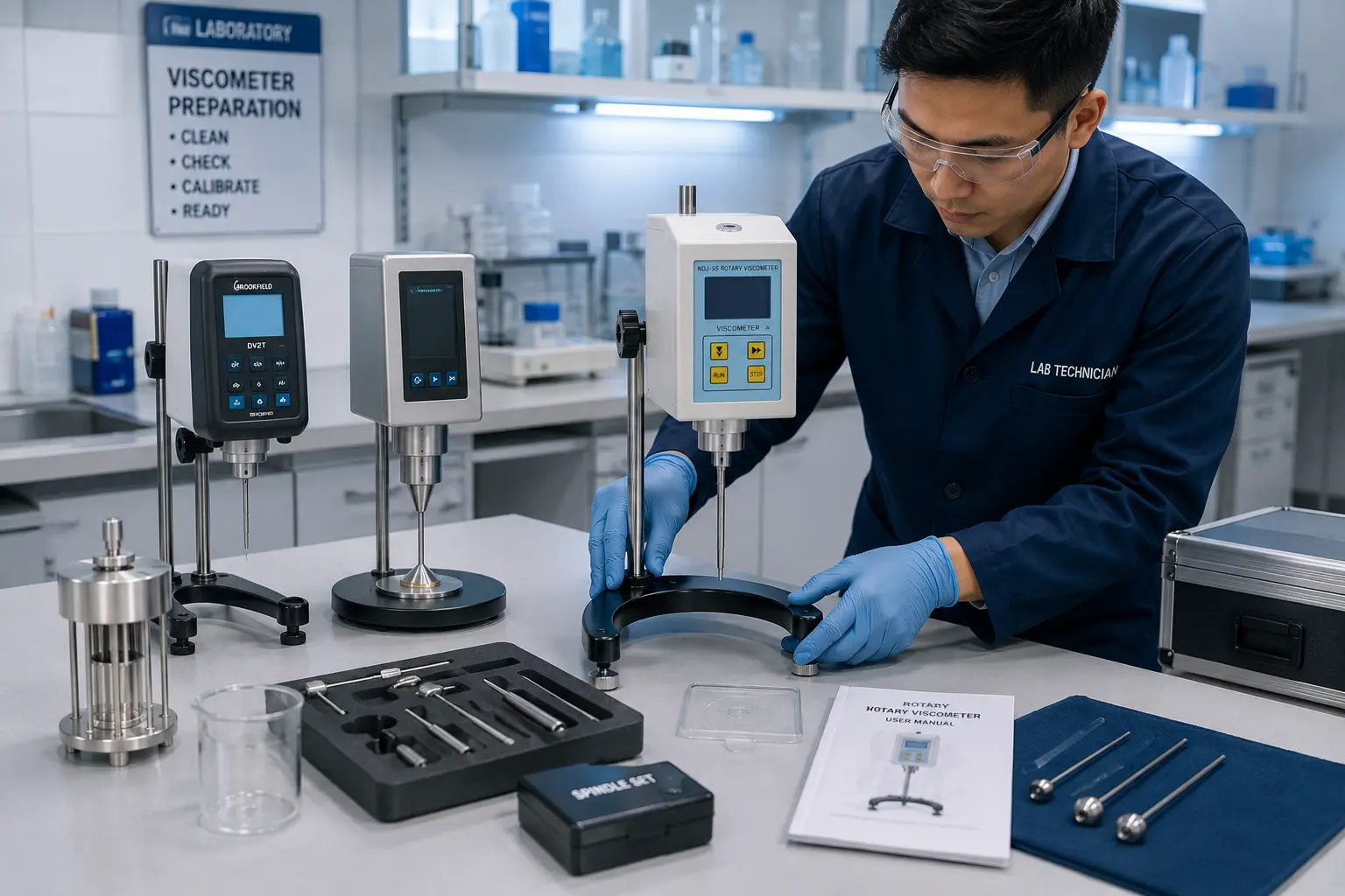 Teknisi sedang melakukan persiapan penataan viscometer di atas meja laboratorium.