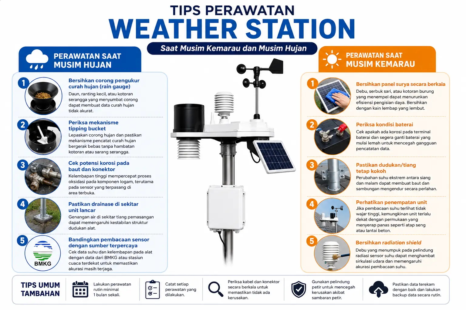 Gambar tips merawat weather station saat musim hujan dan kemarau.