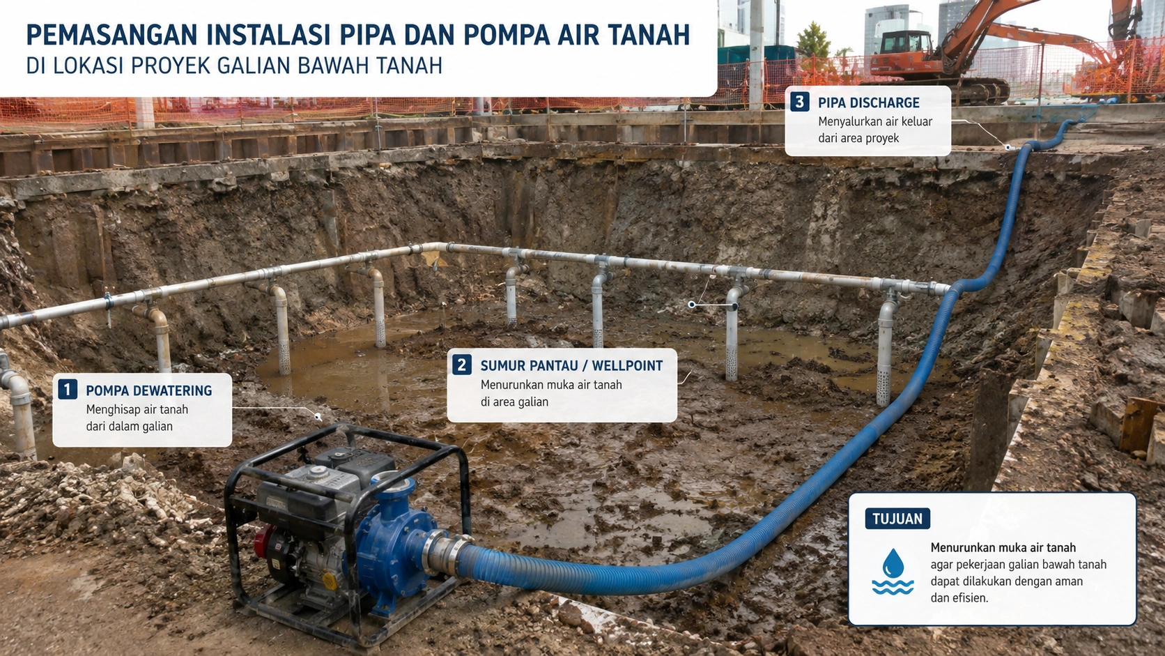 Pemasangan instalasi pipa dan alat pompa air tanah di lokasi proyek galian bawah tanah