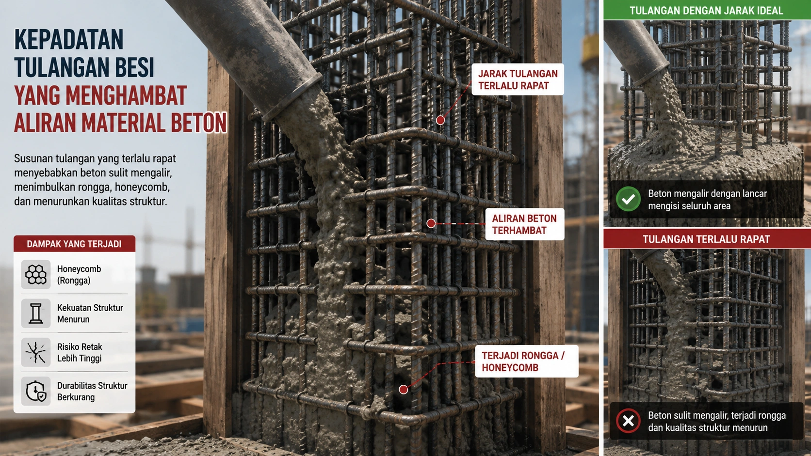 Kepadatan tulangan besi yang menghambat aliran material beton