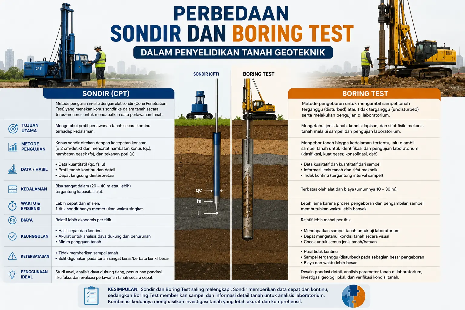 Infografis perbedaan sondir dan boring test dalam penyelidikan tanah geoteknik.