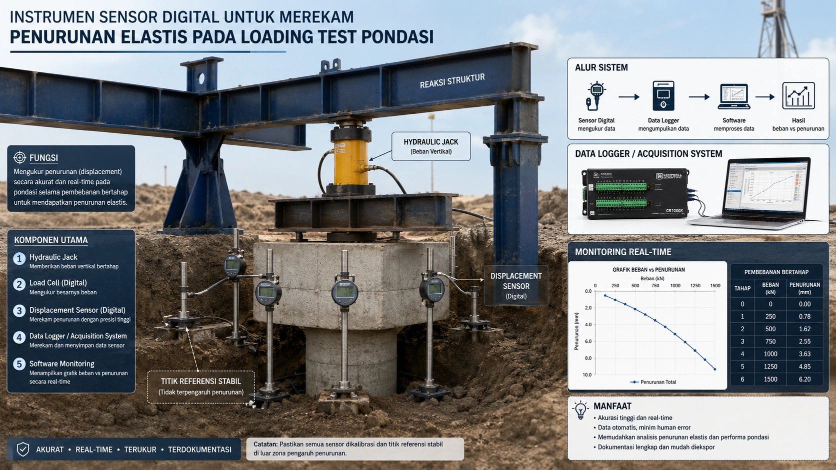 Instrumen sensor digital untuk merekam penurunan elastis pada loading test pondasi