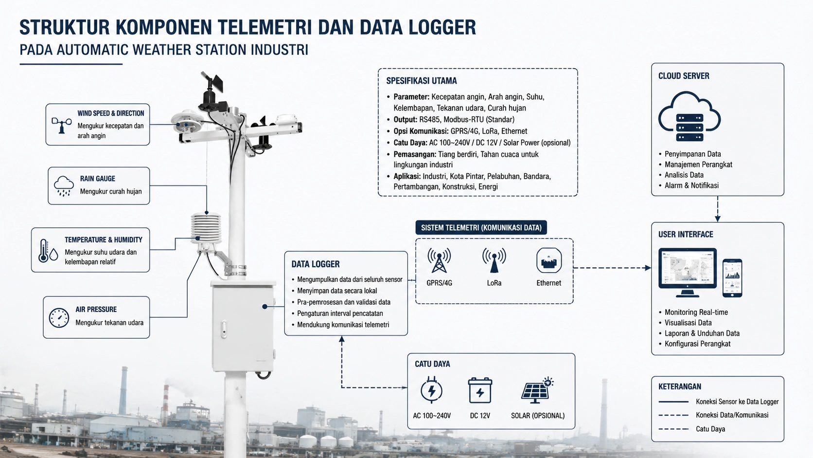 Struktur komponen telemetri dan data logger pada automatic weather station industri