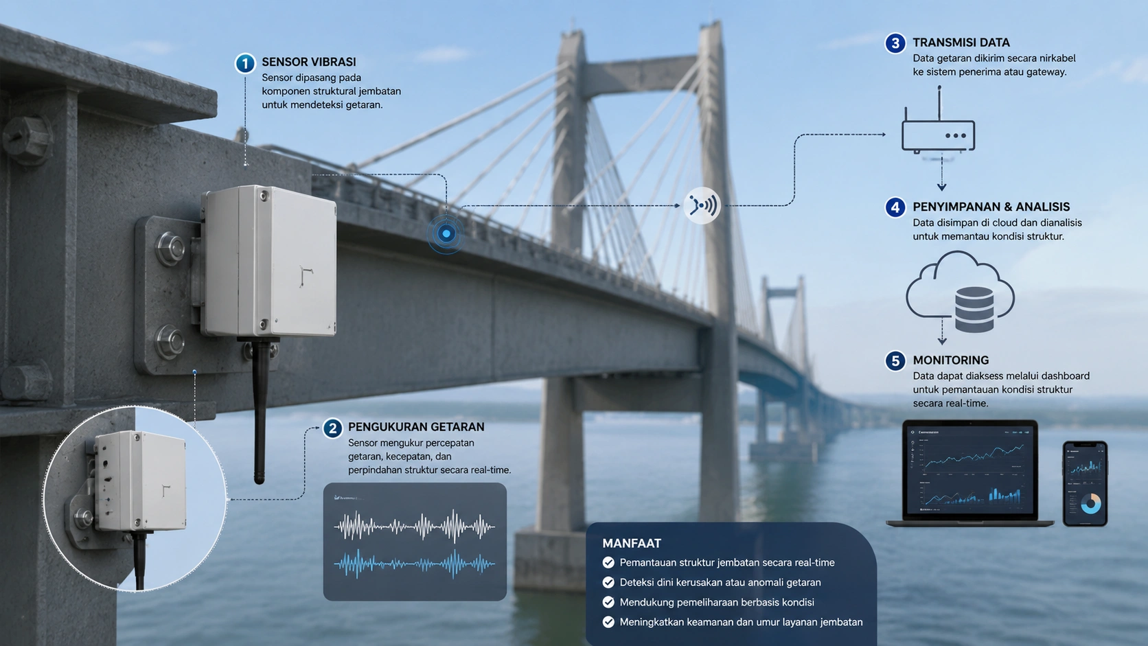 Mekanisme sensor vibrasi yang terpasang pada komponen struktural jembatan