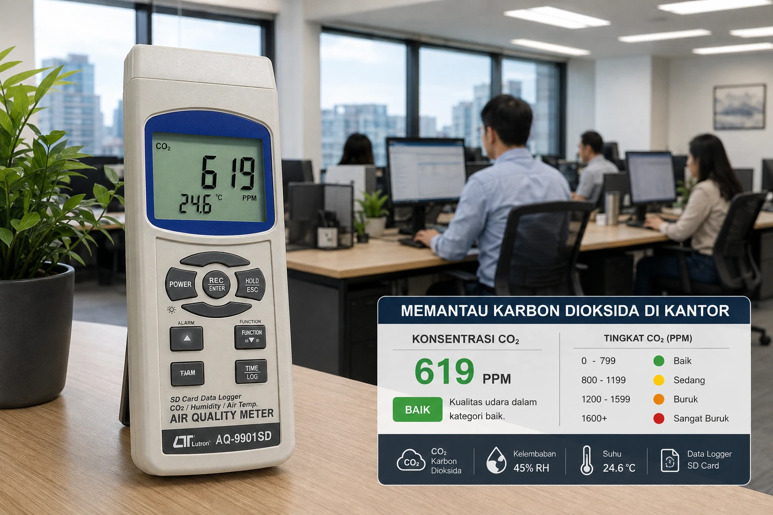 Alat pengukur kualitas udara Lutron AQ-9901SD memantau karbon dioksida di kantor