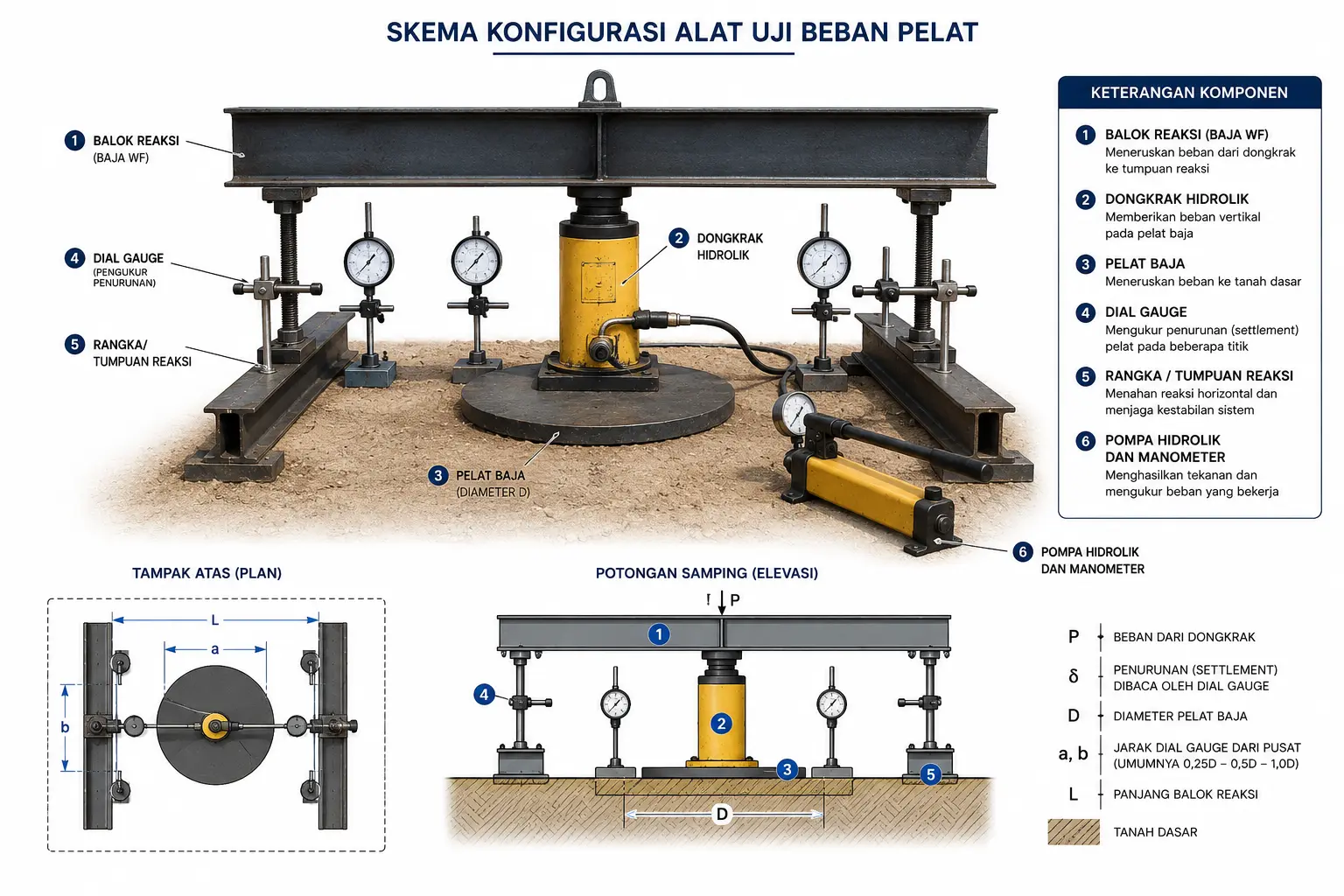 Diagram susunan alat plate bearing test lengkap dengan keterangannya