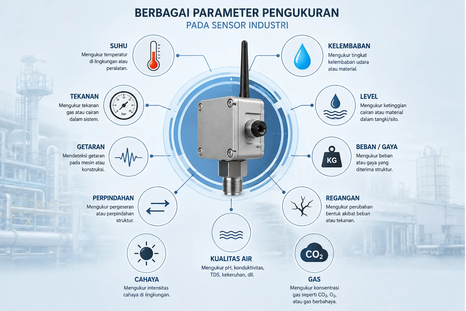 Ilustrasi berbagai parameter pengukuran pada sensor industri