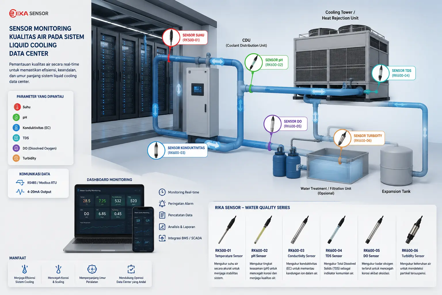 Ilustrasi sensor monitoring kualitas air pada sistem liquid cooling data center