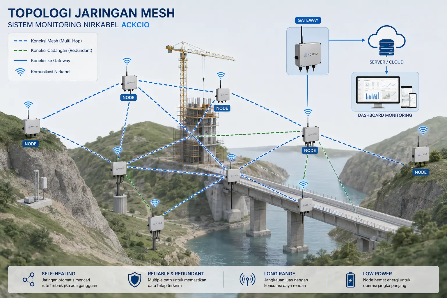 Ilustrasi topologi jaringan mesh pada sistem monitoring nirkabel Ackcio