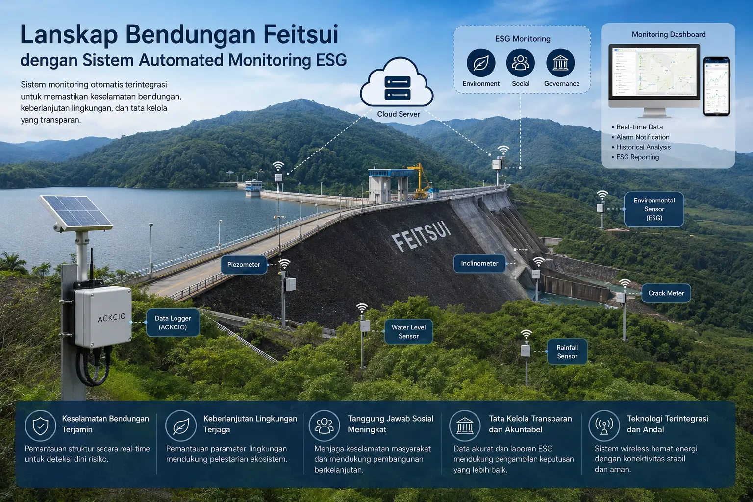 Lanskap Bendungan Feitsui dengan sistem automated monitoring ESG