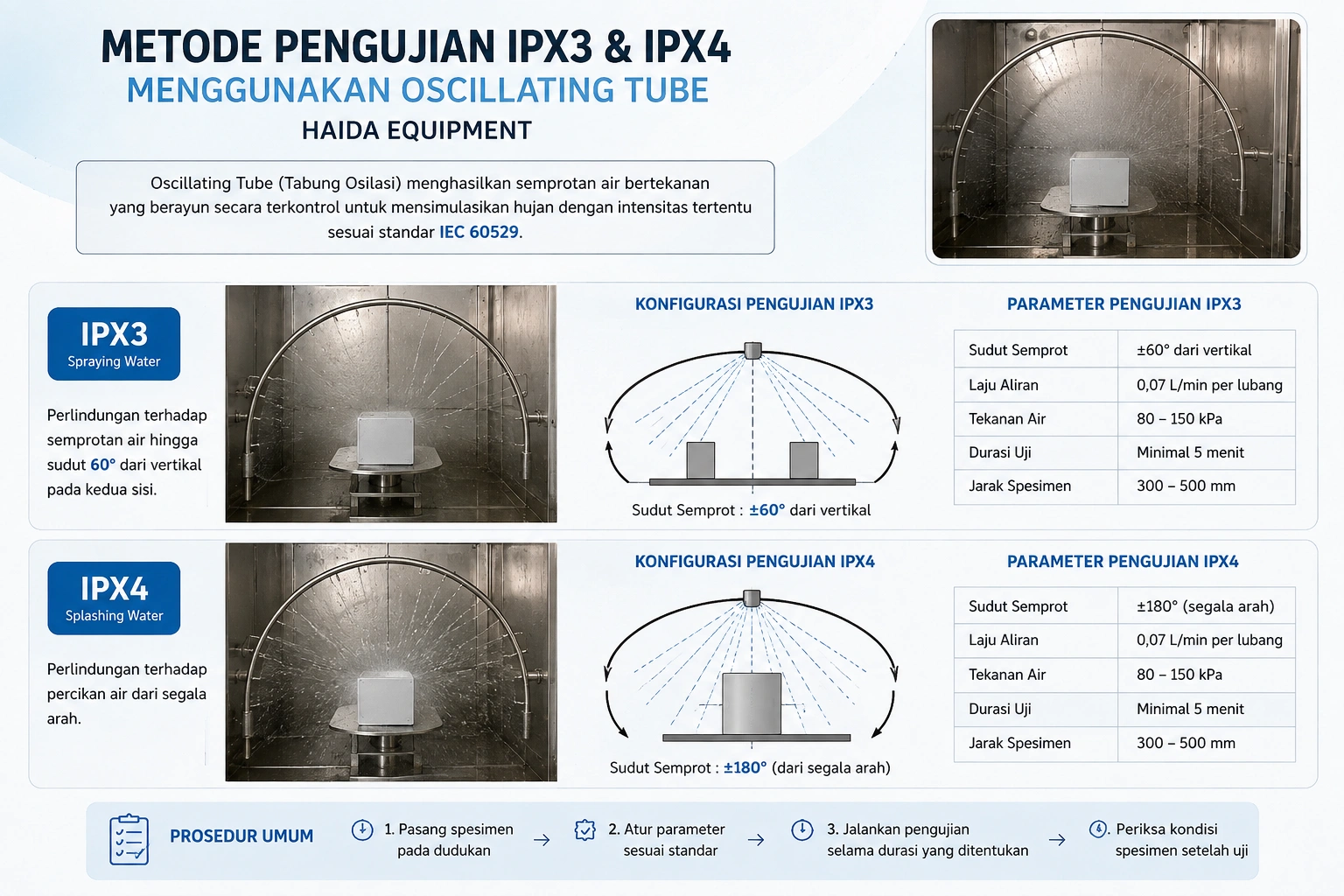 Metode pengujian IPX3 IPX4 menggunakan oscillating tube dari Haida Equipment.