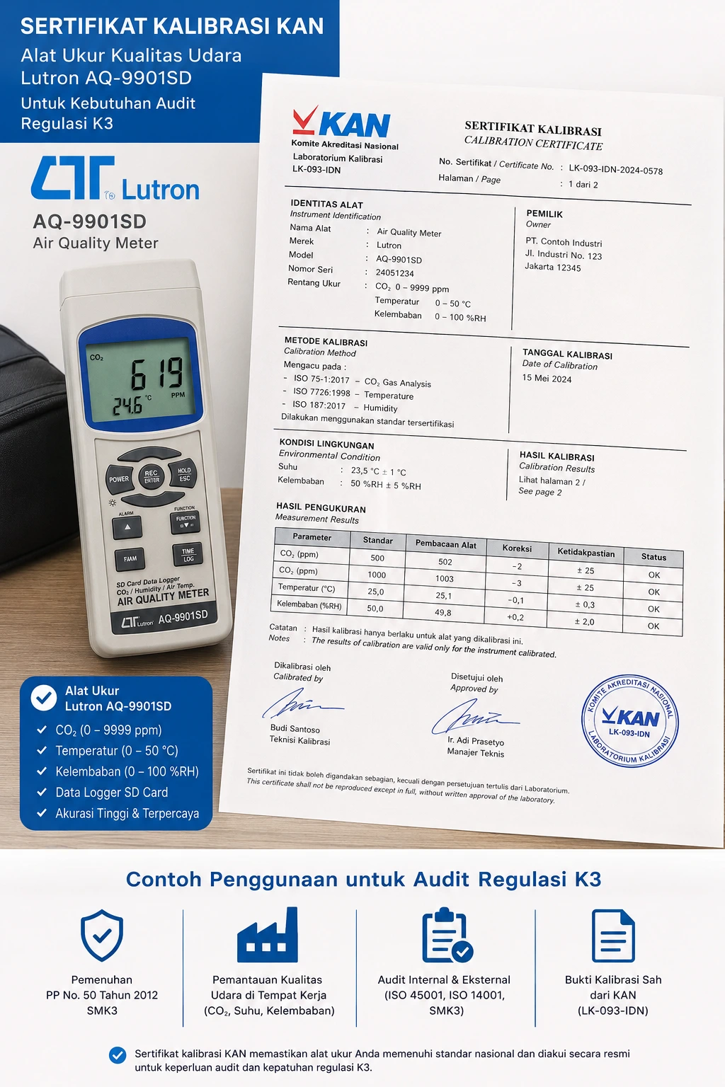 Sertifikat kalibrasi KAN dan alat ukur Lutron untuk kebutuhan audit regulasi K3