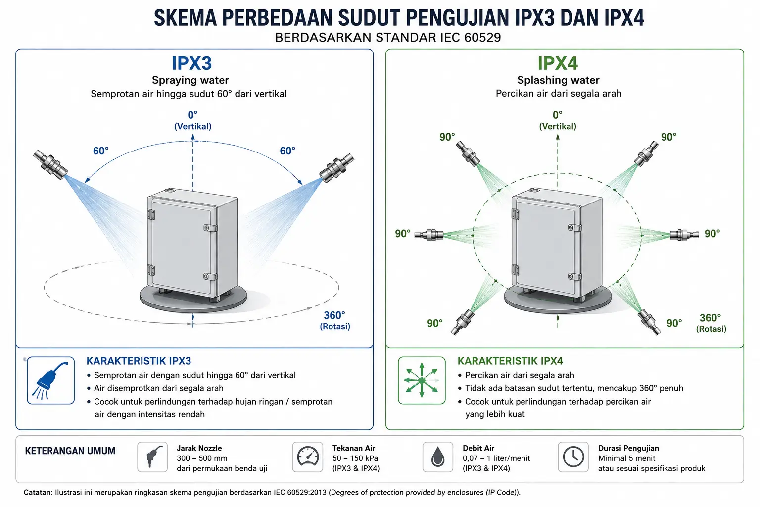 Skema perbedaan sudut pengujian IPX3 dan IPX4 berdasarkan standar IEC 60529.