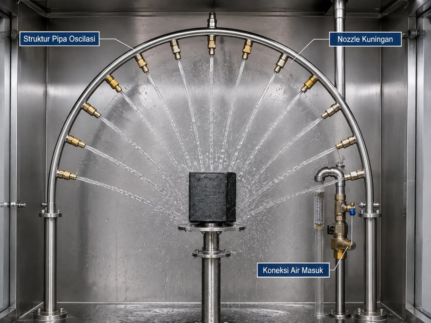 Struktur pipa osilasi dan nozzle kuningan pada mesin water spray test Haida.